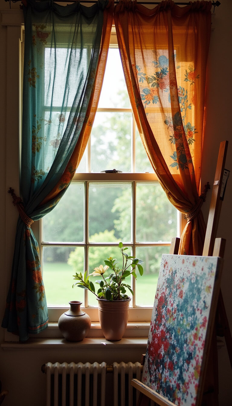 View of a cozy artist's kitchen corner with jewel-toned upcycled sari curtains, pottery on the windowsill, and a paint-splattered easel, shot from below to highlight the flowing fabric in late afternoon light.