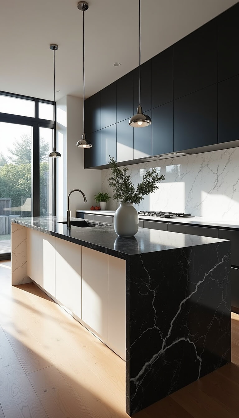 Modern monochrome kitchen with floor-to-ceiling windows, nero marquina marble island, black and white cabinetry, chrome pendant lights, and white oak flooring bathed in early morning sunlight.