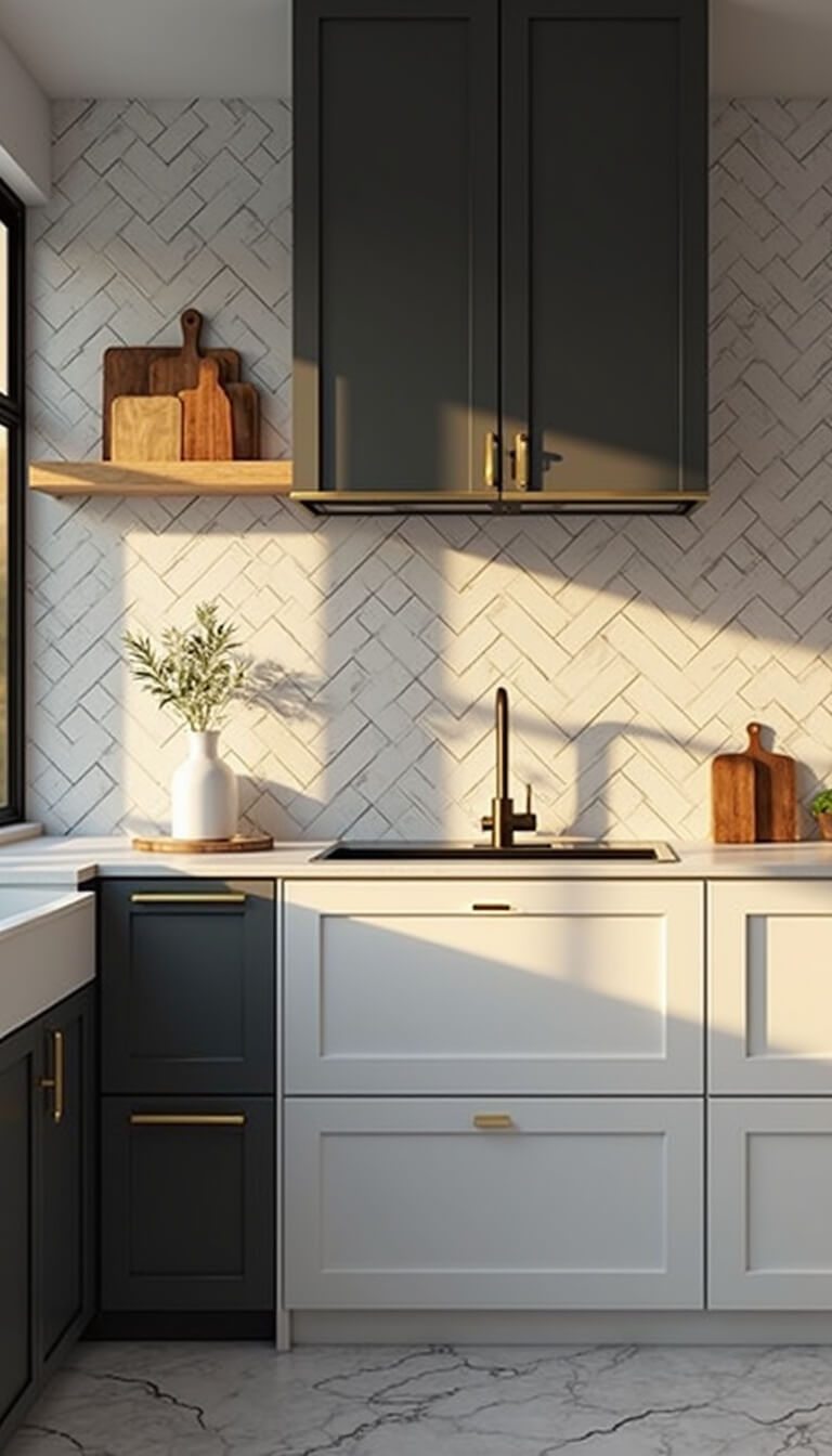 Contemporary 12x18ft kitchen with herringbone marble backsplash, mixed charcoal and white cabinets, brushed brass hardware, and dramatic golden hour lighting.