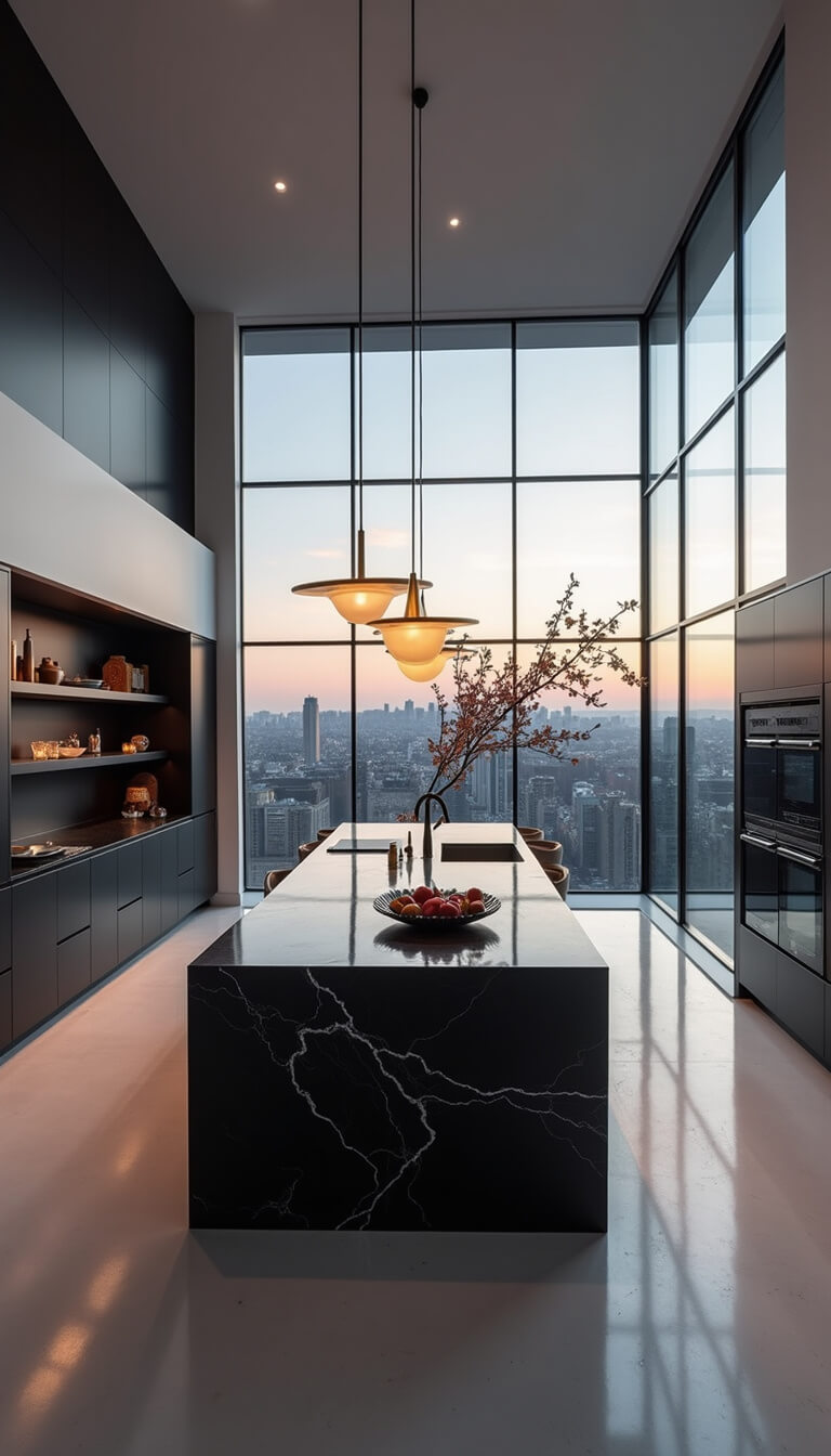 Minimalist luxury open-concept kitchen with black granite island, city views through double-height windows, and dramatic pendant lighting at twilight.