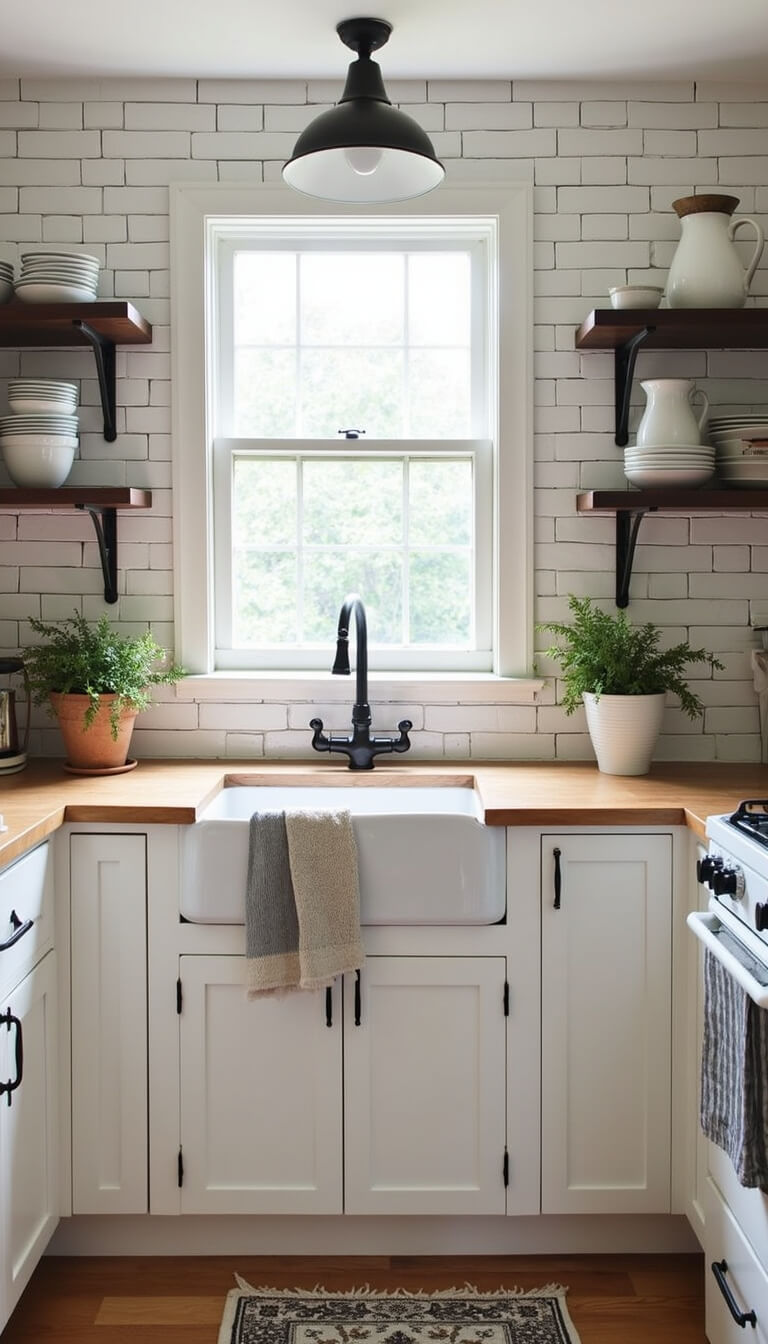 Cozy 10x12ft kitchen with white shaker cabinets, black hardware, subway tile backsplash, black open shelves, white dinnerware, vintage runner, and potted herbs in afternoon light.
