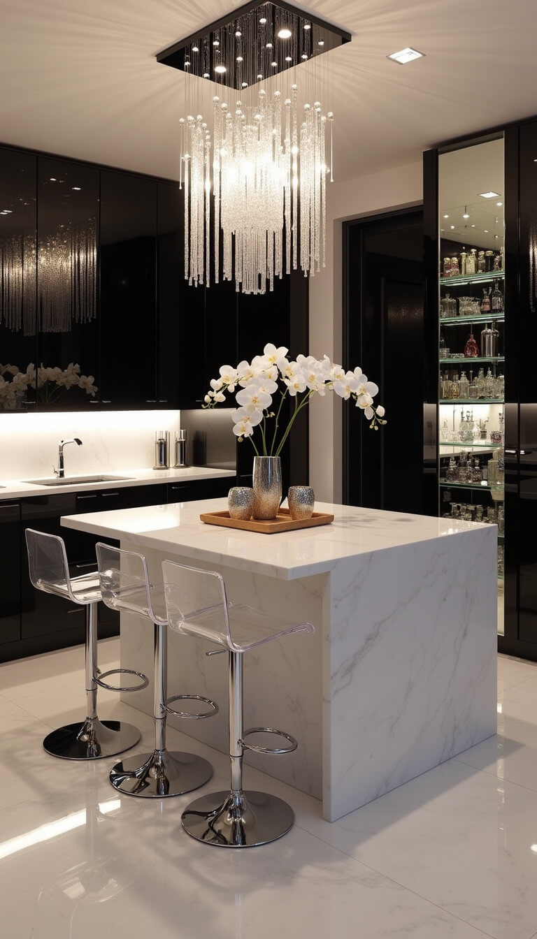 Contemporary glam kitchen with high-gloss black cabinets, white quartz waterfall island, lucite barstools, and crystal chandelier reflecting light.