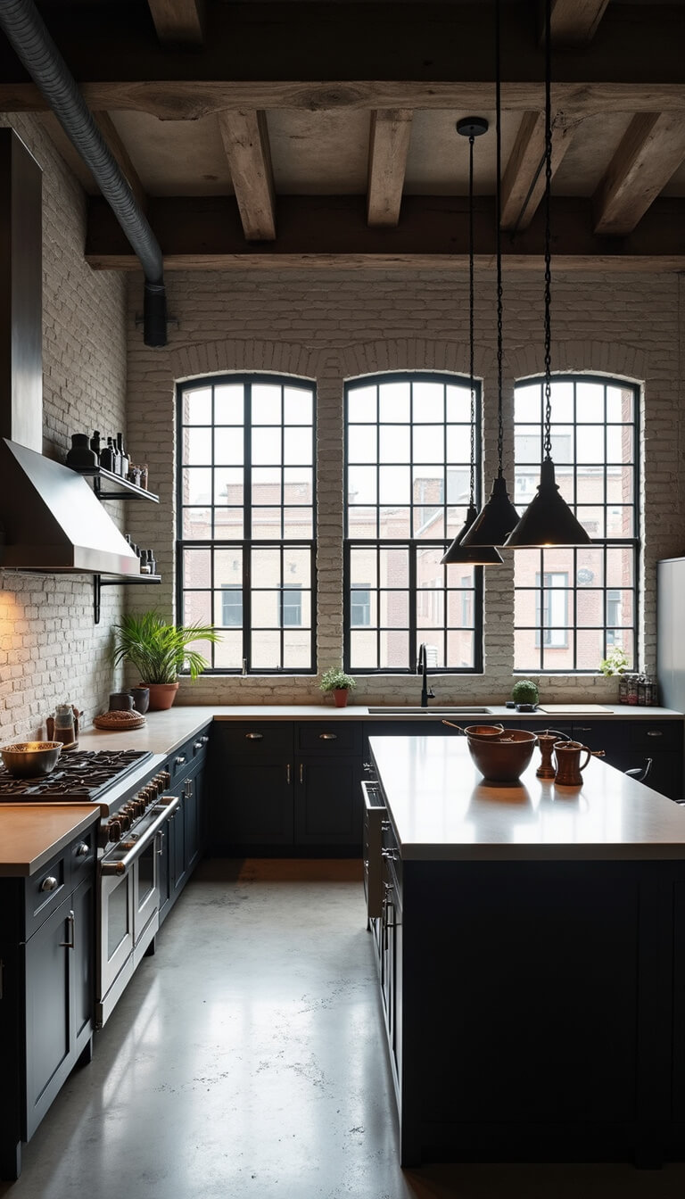 Industrial modern loft kitchen with exposed brick, black steel windows, stainless appliances, concrete island, and moody lighting.