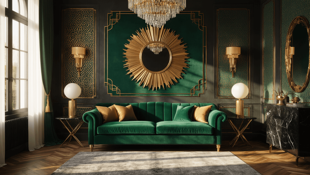 'Art Deco living room with emerald green velvet sofa, brass sunburst mirror, geometric wallpaper and golden hour lighting'.