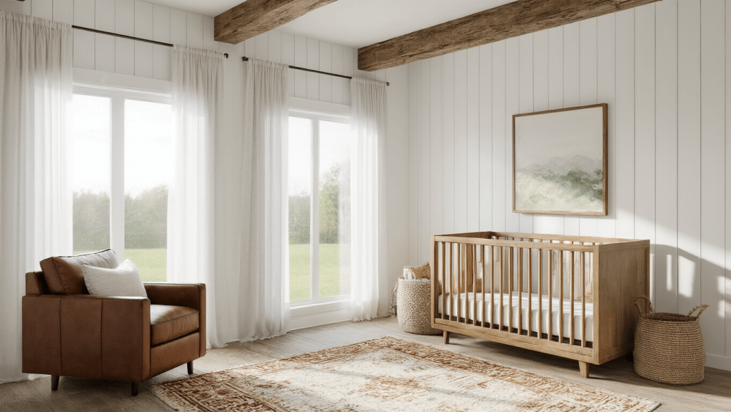 "Barndominium nursery with wooden crib, exposed beams, sage accents, vintage rug, and leather chair bathed in morning light through sheer curtains"