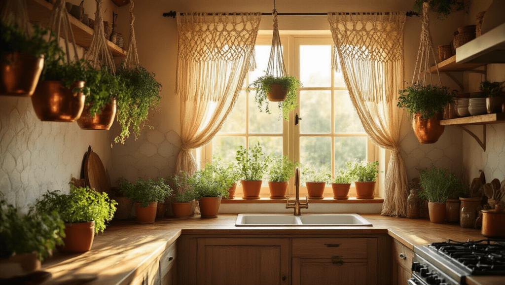 "Sunlit bohemian kitchen with macramé curtains, hanging terracotta pots, herbs on windowsill during golden hour"