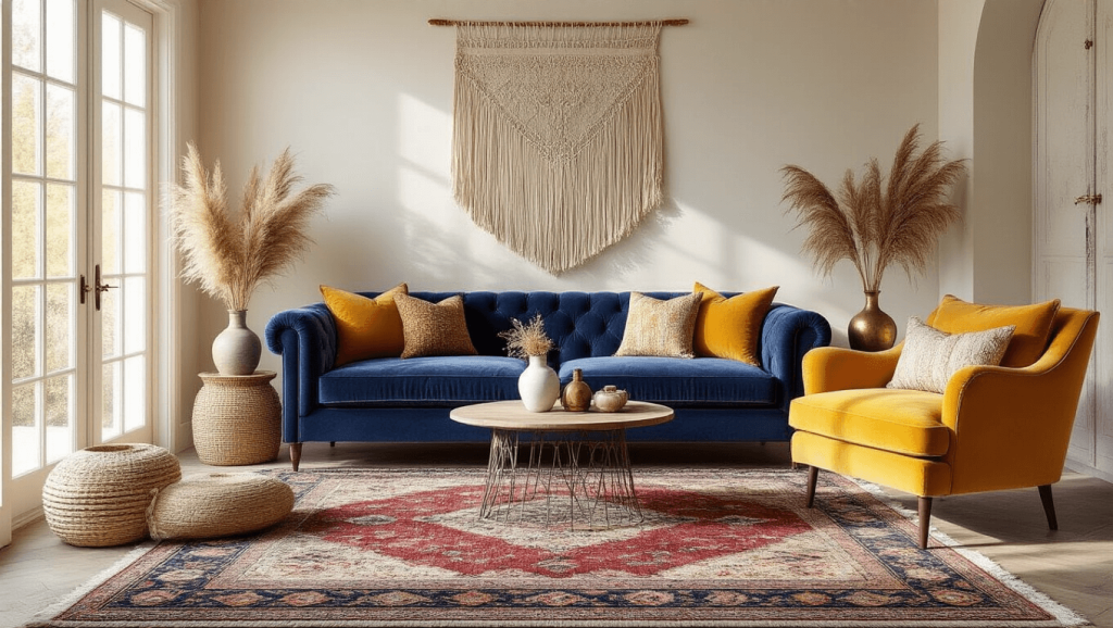 "Bohemian living room with navy velvet sofa, mustard yellow armchair, Persian rug, and various decor items in warm natural light"