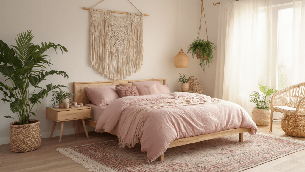 "Boho pink bedroom with natural wood platform bed, blush bedding, macrame wall hanging, rattan accents, vintage rug, golden hour lighting, gauzy curtains, and plants creating a warm, ethereal atmosphere."