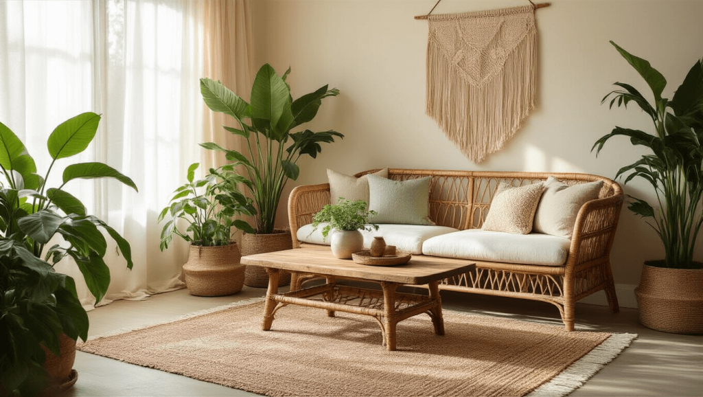 "Bohemian living room with rattan sofa, vintage coffee table, layered rugs, potted plants, and macramé wall hangings in a beige and green color palette with soft natural light"