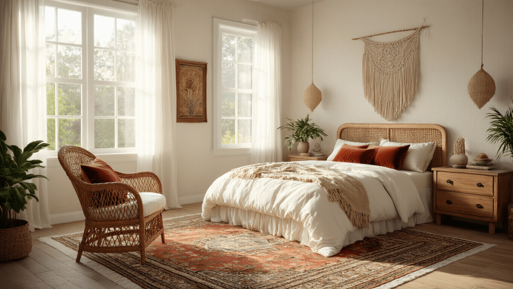 "Sunlit boho vintage bedroom with rattan chair, Persian rugs, macrame wall hanging, antique dresser, and velvet pillows in warm neutral colors"