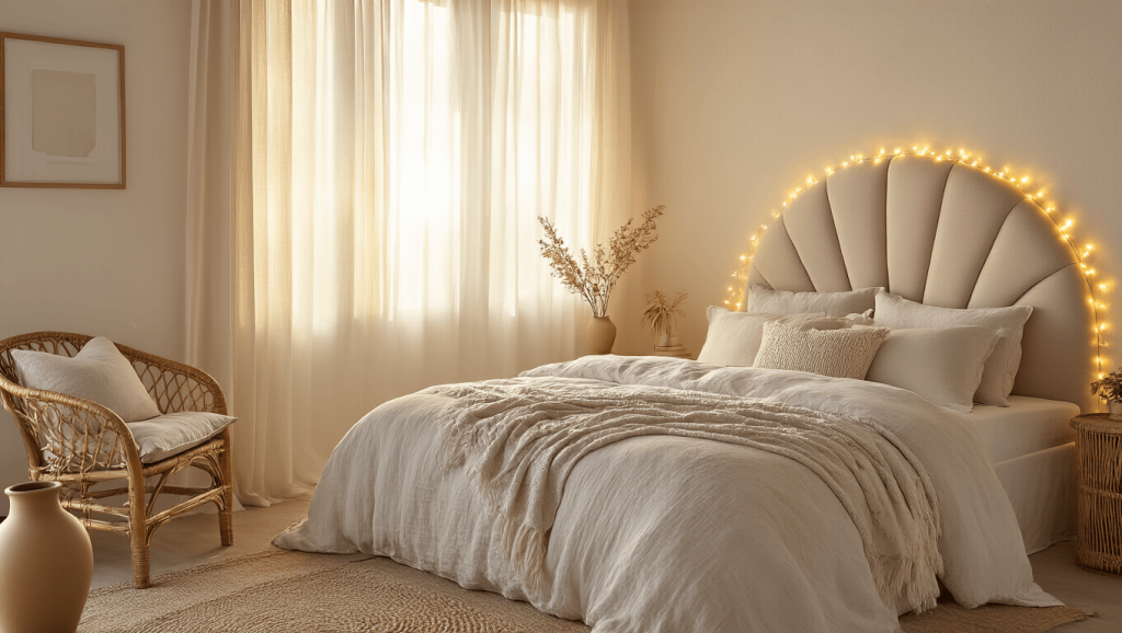 "Cozy bedroom aesthetic featuring plush headboard, fairy lights, textured bedding, and natural light."