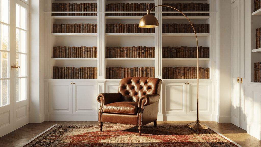 "Cozy home library with vintage leather armchair, floor-to-ceiling bookshelves, warm golden light, Persian rug, and brass reading lamp in clean aesthetic setting."