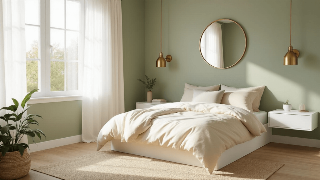 "Cozy small bedroom with modern platform bed, cream bedding, brass accents, sage walls, and oak floors bathed in morning glow"