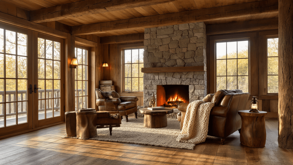 "Cozy cabin interior with wooden beams, a leather armchair, stone fireplace, and warm lighting"