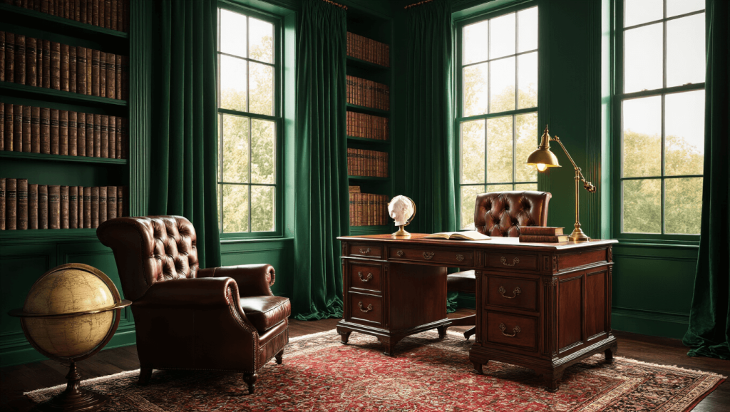 "Vintage study with emerald walls, leather chair, antique desk, vintage books, brass lamp and marble bust in warm golden hour light"