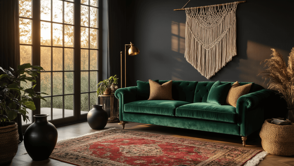 "Dark boho living room with emerald velvet sofa, charcoal walls, vintage rugs, brass accents, and macrame in golden hour light."