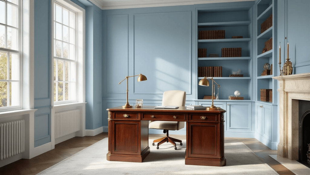 "Elegant home office with pale blue walls, mahogany desk, brass accents under morning light"