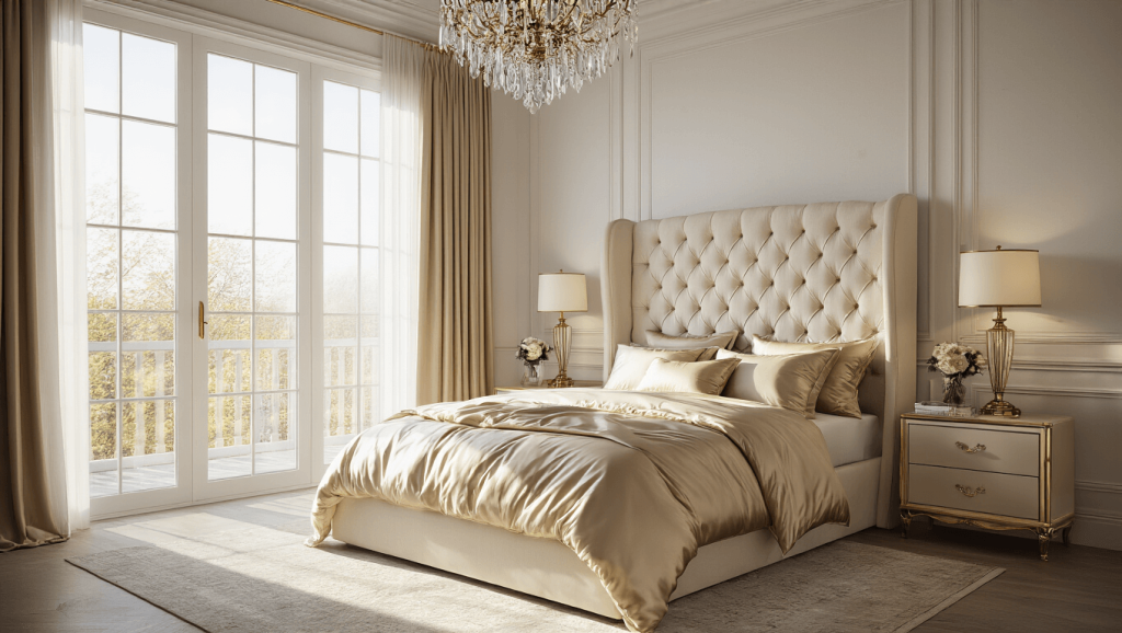 "Elegant luxury bedroom with ivory tufted headboard, champagne silk bedding, crystal chandelier, brass nightstands, and golden sunlight illuminating the room"