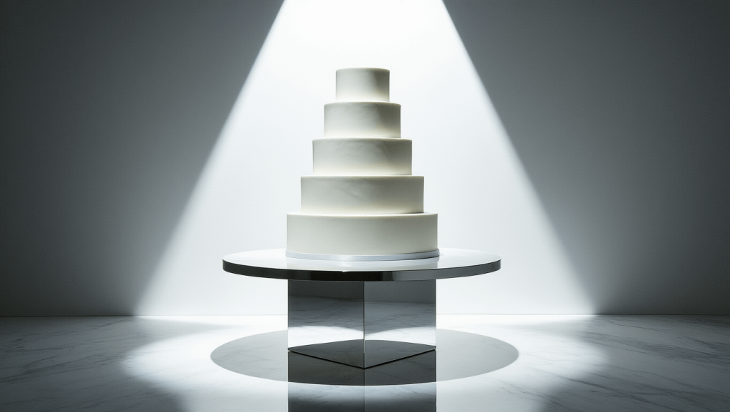 "Architectural white wedding cake with floating tiers on a mirrored base, dramatically lit in a minimalist white gallery space"