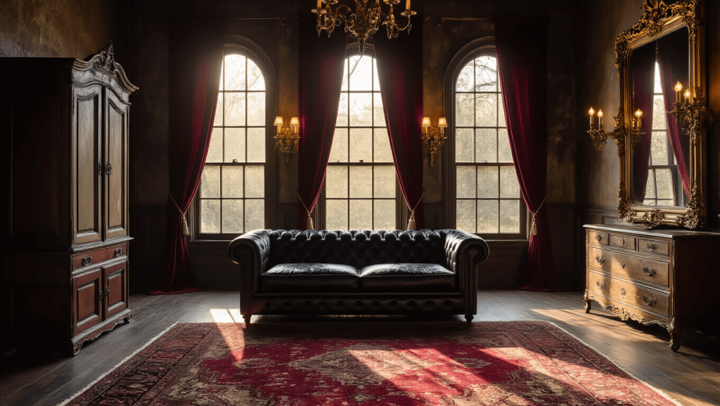 "Gothic western style living room with black leather Chesterfield sofa, burgundy drapes, antique mirrors, brass lighting, and vintage Persian rug during golden hour"