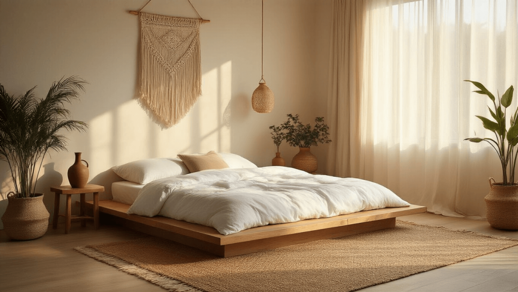 "Japanese-inspired bohemian bedroom with low platform bed, natural textiles, and warm golden lighting"