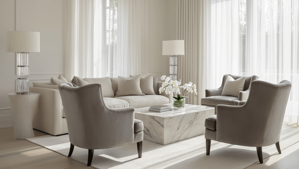 "Sunlit transitional living room interior with neutral tones, featuring a plush sofa, grey wingback chairs, marble coffee table, and white orchids on a crystal table lamp."