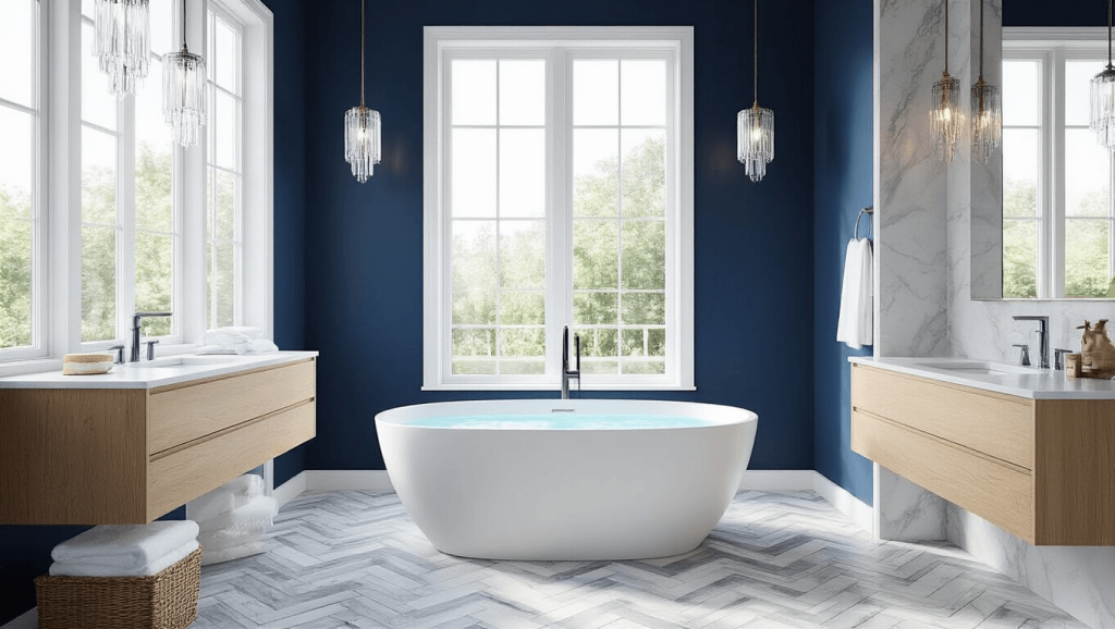 "Luxurious bathroom with navy accent wall, white oval tub, herringbone marble flooring, and oak vanity under natural light"