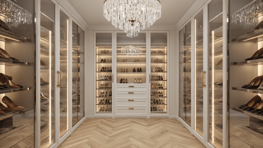 "Luxurious walk-in shoe closet with designer collection arranged by color, chrome glass shelving units, oak flooring and crystal chandelier"