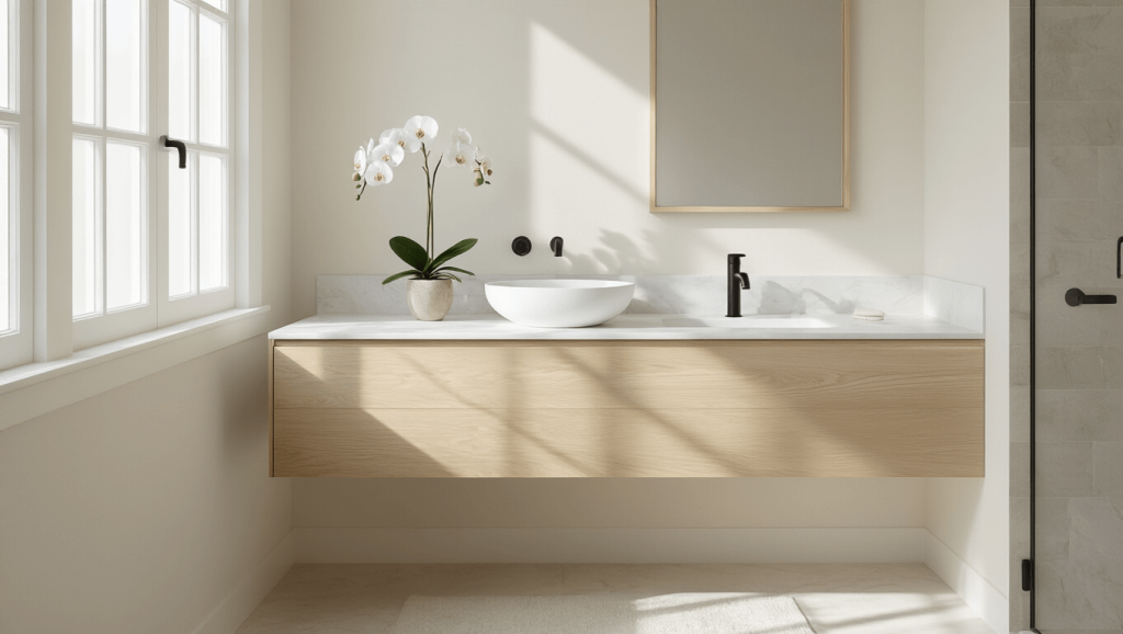 "Minimalist bathroom with white oak vanity, marble countertop, and morning light through frosted windows"