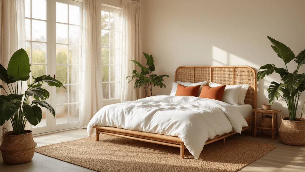 "Minimalist boho bedroom with sunlit rattan platform bed, white linens, terracotta pillows, jute rug, and monstera plant in warm tones"