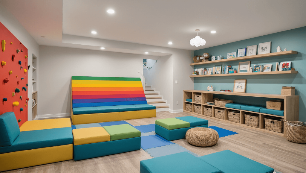 "Bright and spacious basement playroom with rainbow climbing wall, teal play couches, wooden storage cubbies, craft station, and cozy reading nook with floating shelves."