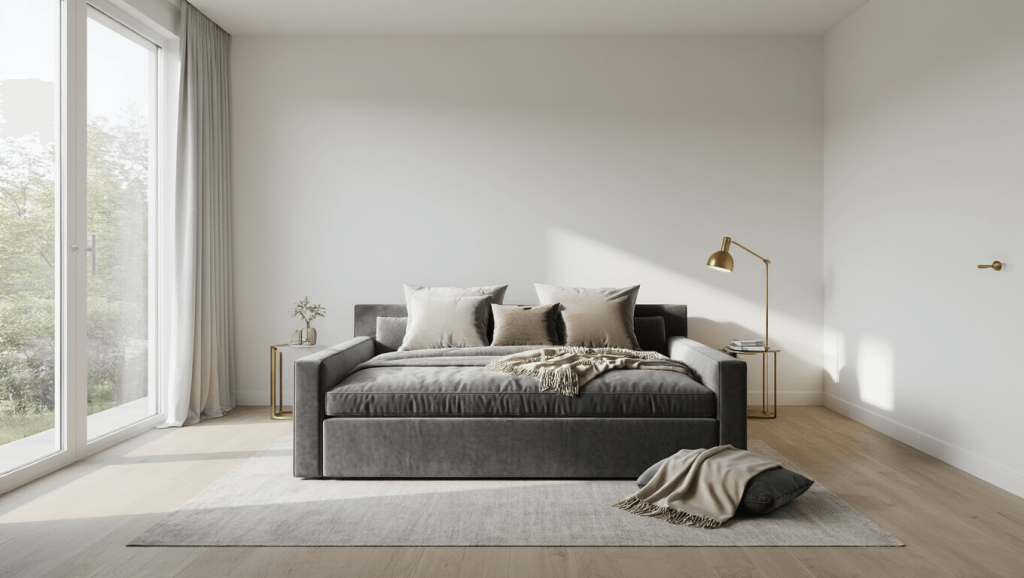 "Modern bedroom with minimalist decor, plush gray couch, and natural light pouring in through floor-to-ceiling windows"