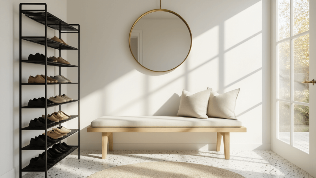 "Modern entryway with vertical shoe rack, wooden bench, brass mirror and terrazzo flooring in sunlight"