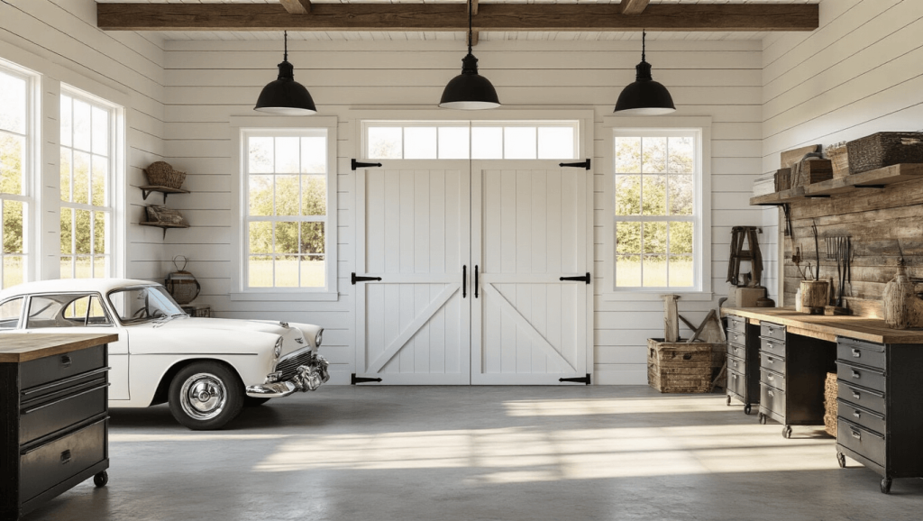 "Interior of a modern farmhouse garage featuring white carriage doors, shiplap walls, vintage pendant lights, and a reclaimed wood workbench"