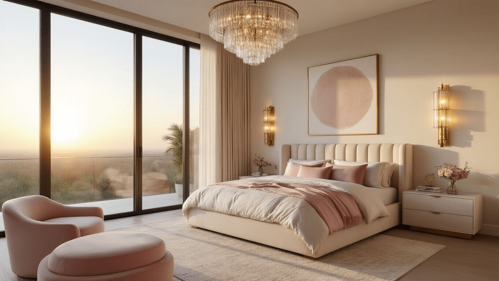 "Sunlit modern bedroom with cream king bed, pink accents, brass sconces, and golden hour shadows"
