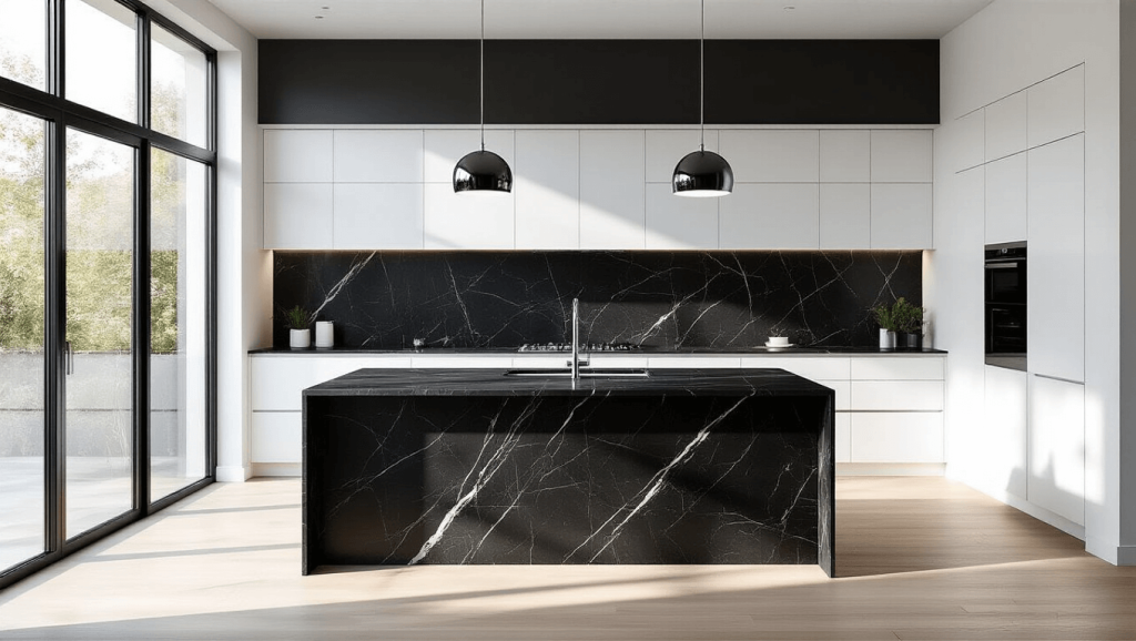 "Modern monochrome kitchen with nero marquina marble island, chrome pendant lights, and white oak floor in morning sunlight"