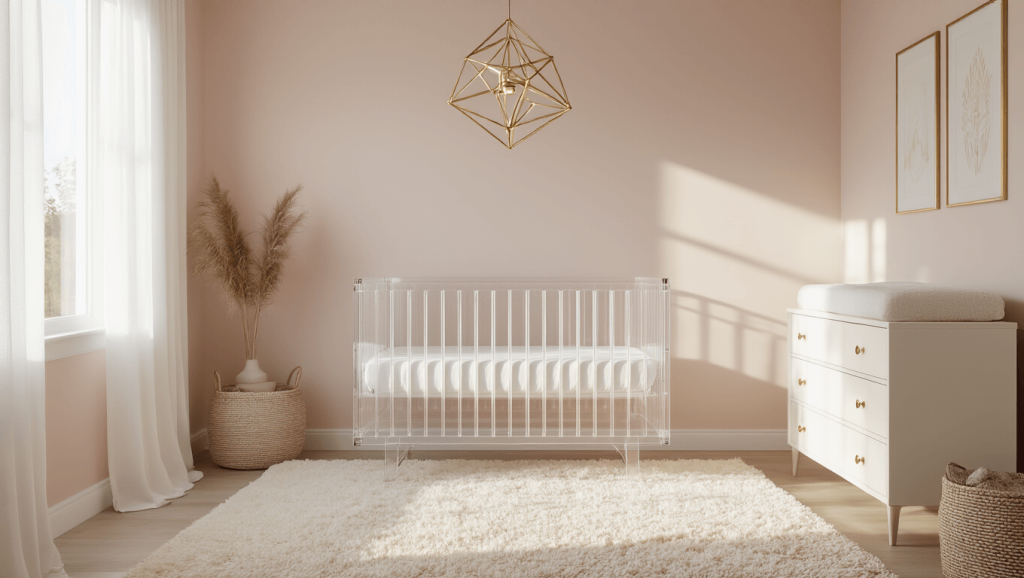 "Modern blush pink nursery with acrylic crib, gold mobile, and cream rug under soft golden hour lighting"