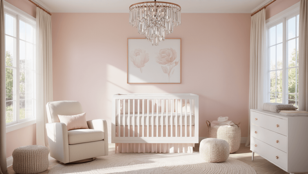 "Modern pink nursery with blush walls, white crib, crystal chandelier, and rose gold accents in natural sunlight"