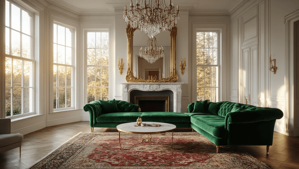 "Victorian living room with emerald velvet sofa, gilded mirror, marble fireplace, sunlit bay windows, and modern brass accents"