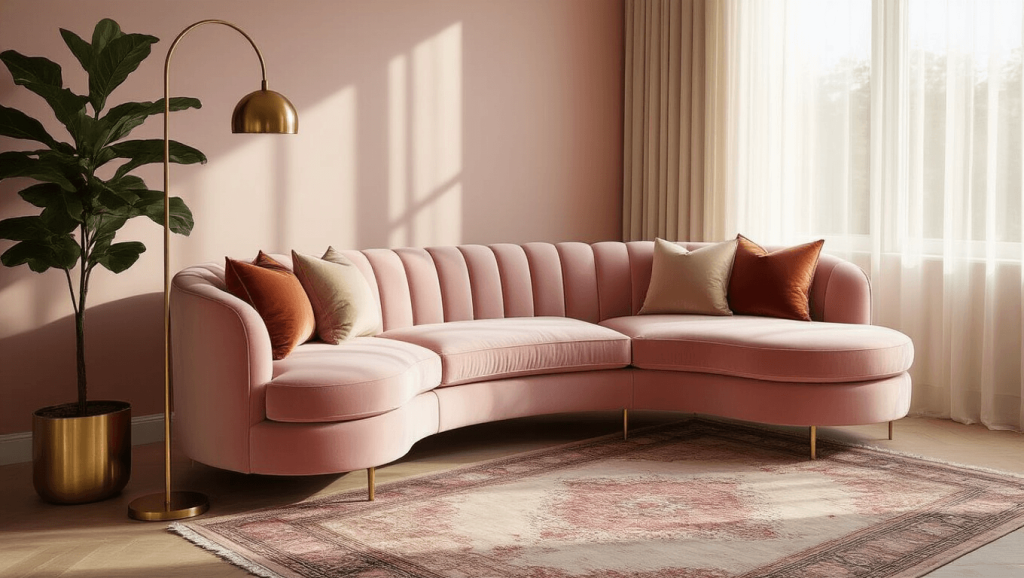 "Elegant sunlit living room with blush pink velvet sofa, brass floor lamp, Persian rugs, and a fiddle leaf fig plant"