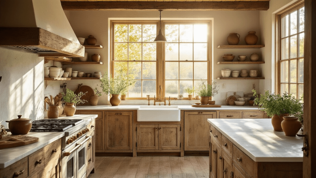 "Sunlit rustic farmhouse kitchen with pine cabinets, white marble island, and natural decor"