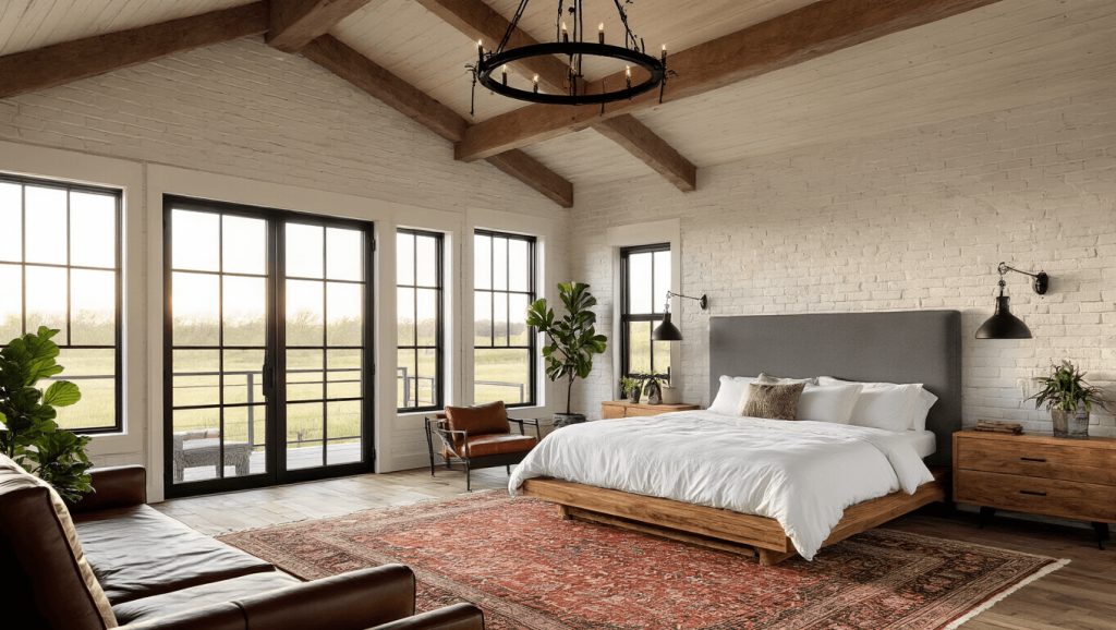 "Spacious rustic-modern master bedroom with vaulted ceilings, exposed beams, floor-to-ceiling windows, king-sized bed, wooden nightstands, vintage Persian rug, iron chandelier, leather seating, and potted fiddle leaf fig."