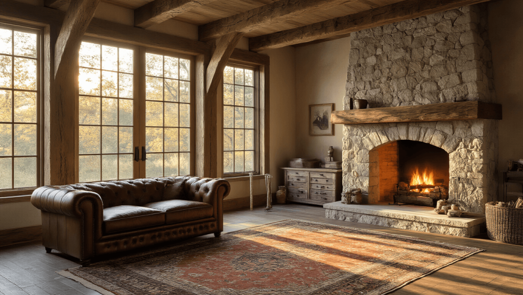 "Rustic living room with exposed wooden beams, stone fireplace, leather sofa, vintage Persian rugs, and warm sunlight through windows."