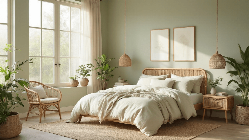 "Sage green bedroom with cream linen bedding, rattan side tables, potted plants, wooden accents and minimal wall art bathed in soft natural light"