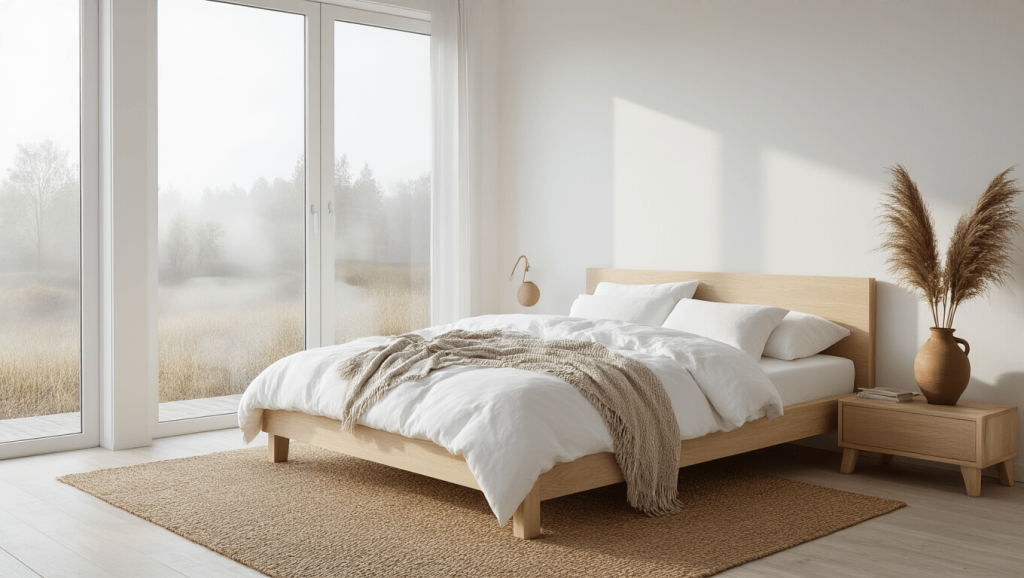 "Scandinavian minimalist bedroom with natural textures and large window overlooking a misty landscape"