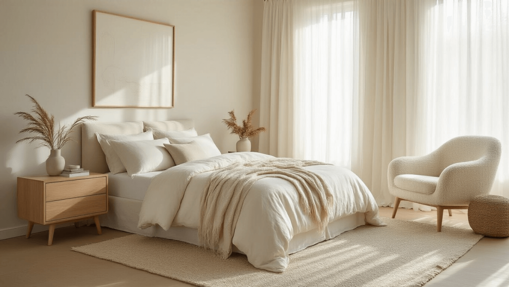 "Modern minimalist bedroom with ivory linen bedding, light oak furniture, cream boucle accent chair, and sunlight filtering through sheer white curtains"
