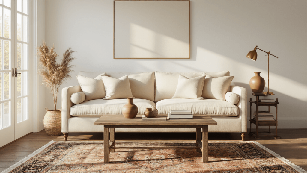 "Sophisticated living room with cream linen sofa, oak coffee table, and Persian rug in warm golden light."