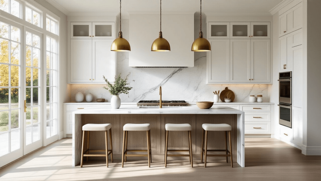 "Bright transitional kitchen with white shaker cabinets, marble waterfall island, brass pendant lights, and floor-to-ceiling windows casting morning light"