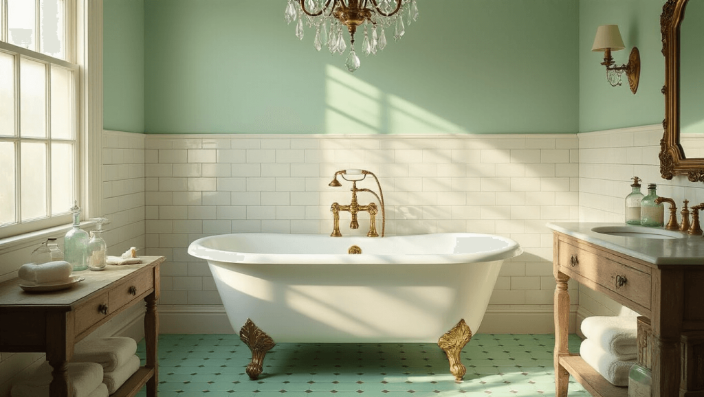 "Vintage bathroom with clawfoot tub, brass fixtures, mint green floor tiles, and morning sunlight streaming through the window"