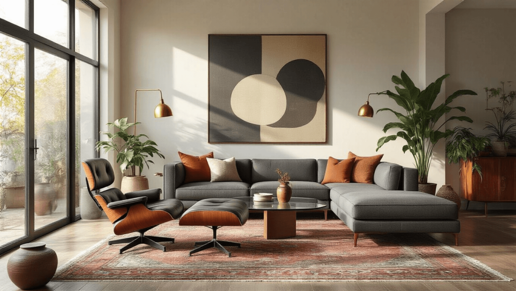 "Vintage-modern living room with Eames chair, Noguchi table, charcoal sectional sofa, abstract art, floor-to-ceiling windows, and warm sunlight"